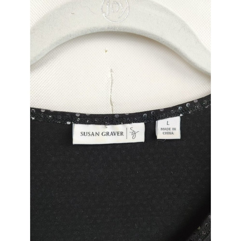 Susan Graver Black Sequined Liquid Knit Ruched Sleeve Top Size Large - Picture 3 of 6